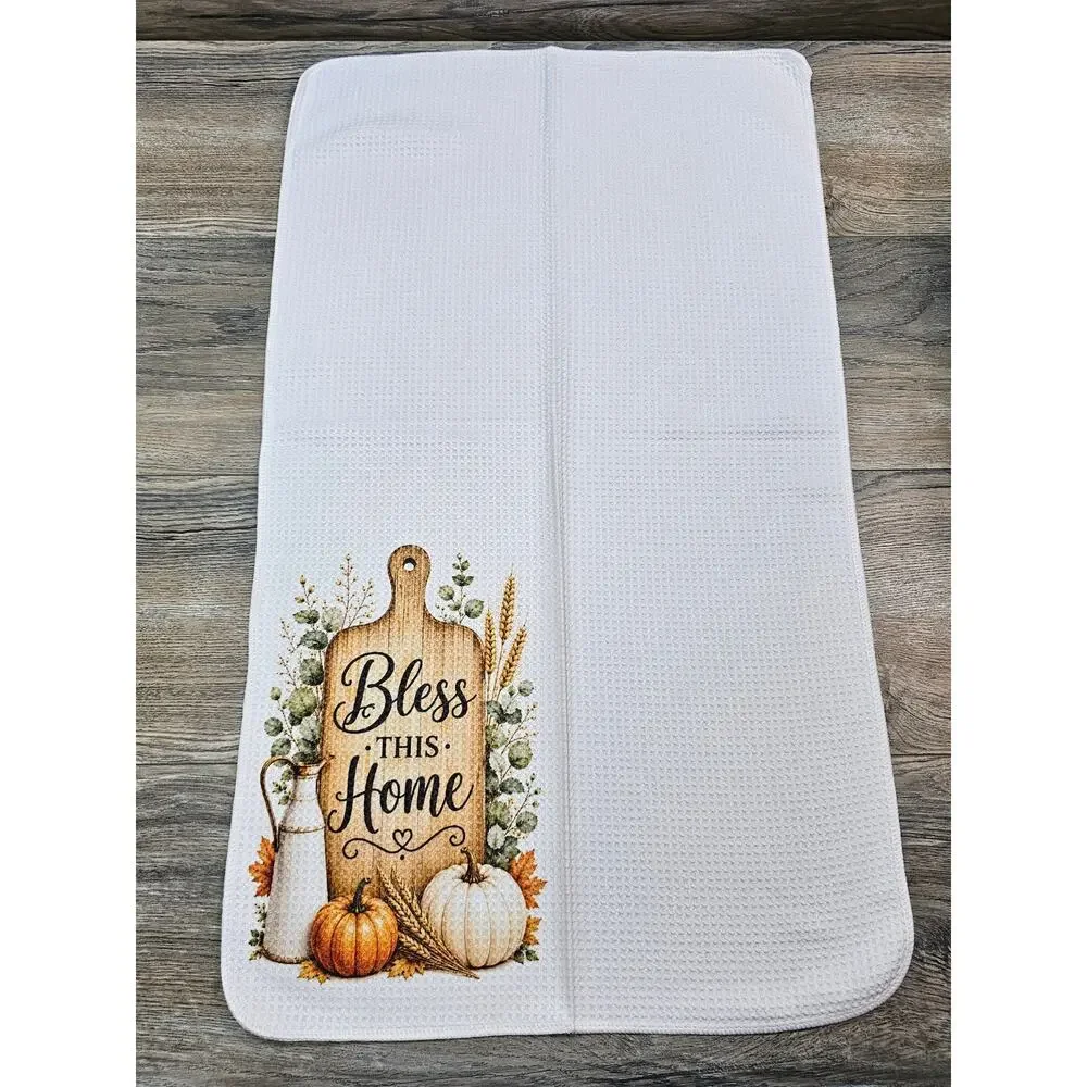 Bless This Home Fall Pumpkin Kitchen Towel Farmhouse Thanksgiving Decor